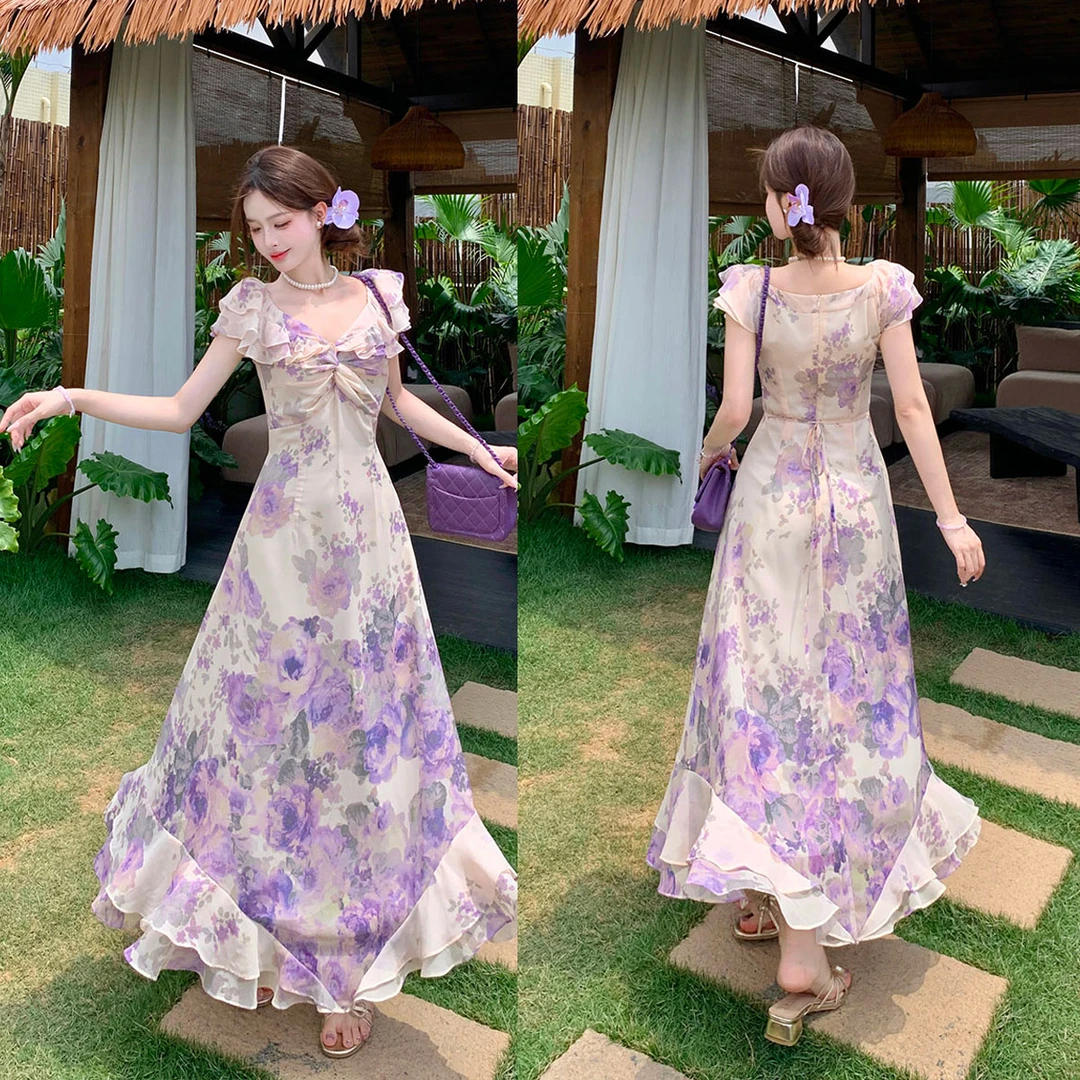 大码法式紫色茶歇碎花连衣裙女夏季多巴胺绝美独特超好看收腰长裙