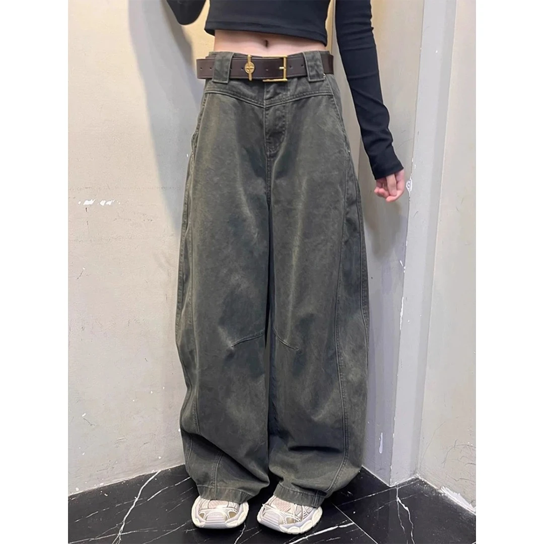 军绿色解构弯刀裤男女款秋季美式高腰显瘦阔腿裤子直筒宽松微喇裤