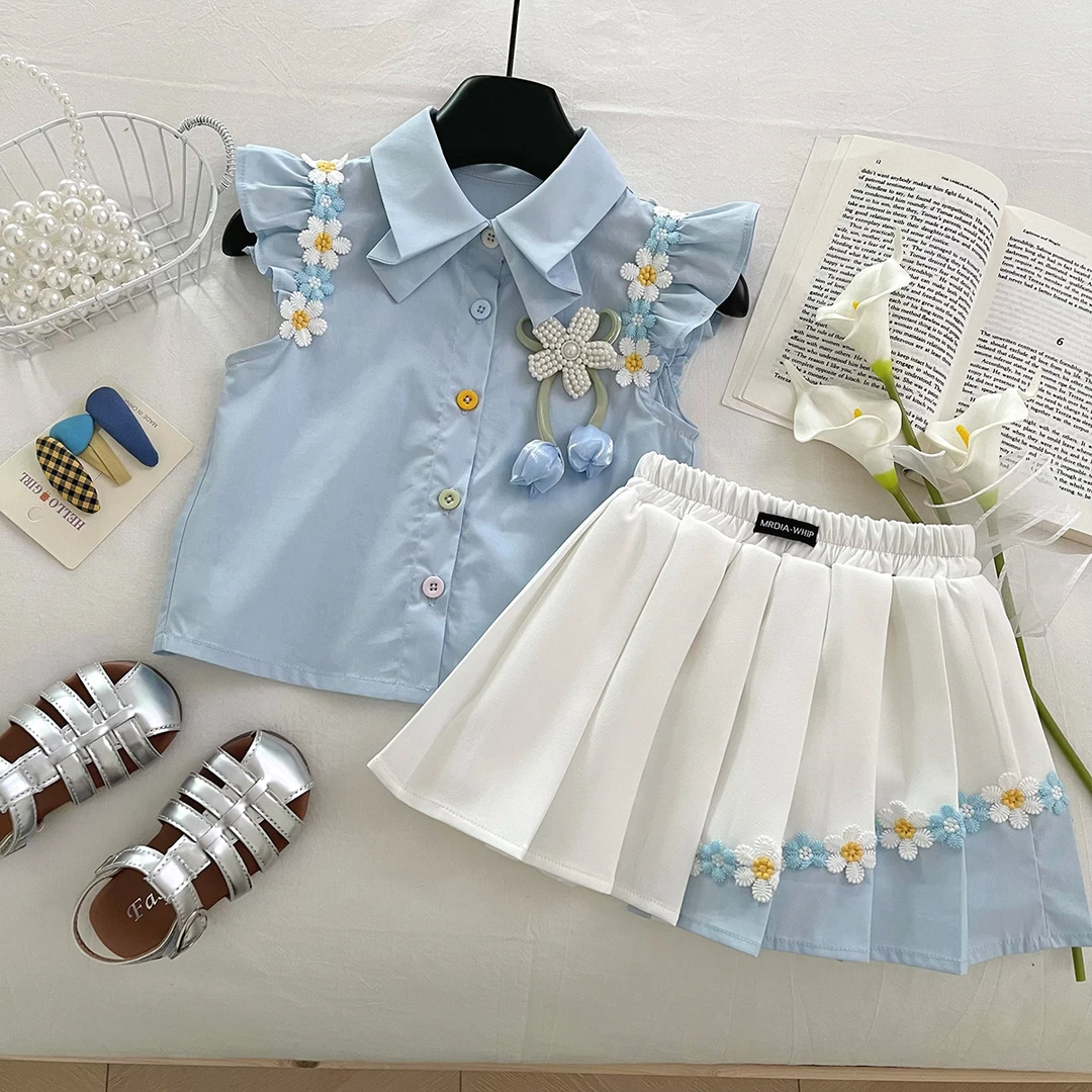 【B63】女童气质不规则飞袖花朵学院套装S17401