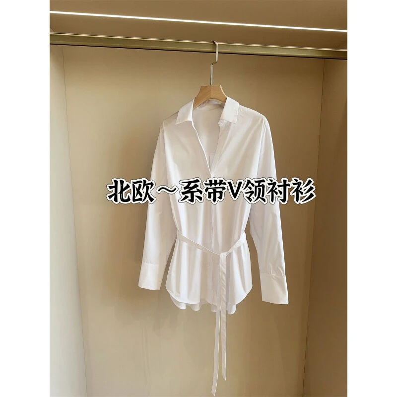 早春新款 中长款系带V领白衬衫女