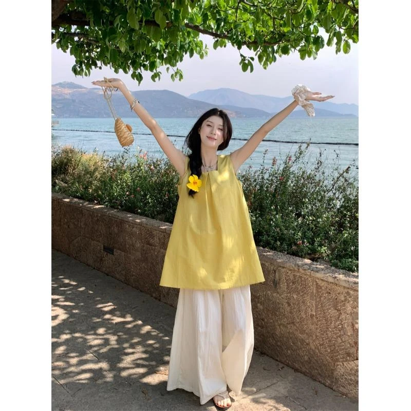 2025新款慵懒风宽松黄色无袖背心女装夏季杏色休闲裤阔腿裤两件套