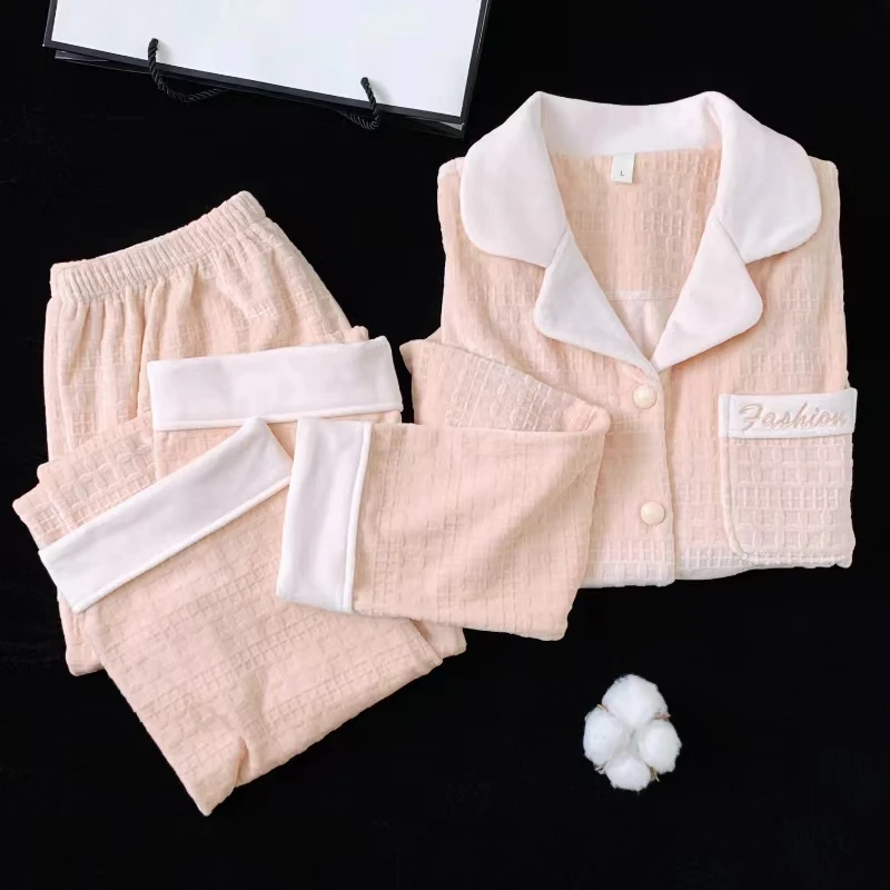 【竹篱花】秋冬加绒压花优雅高级感撞色保暖舒适睡衣长袖长裤1465