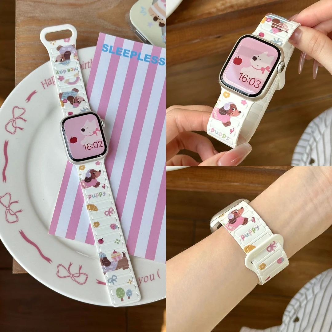 适用iwatch磁吸硅胶表带S10苹果S9手表SE运动8/7/6/5腕带音乐小狗