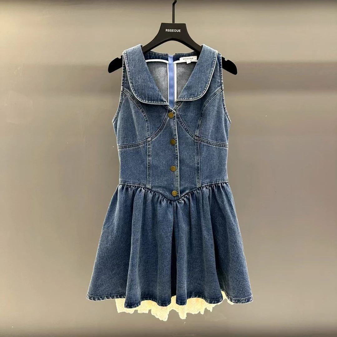 牛仔连衣裙女夏2025新款小个子无袖蓝色复古短款收腰拼接L9504