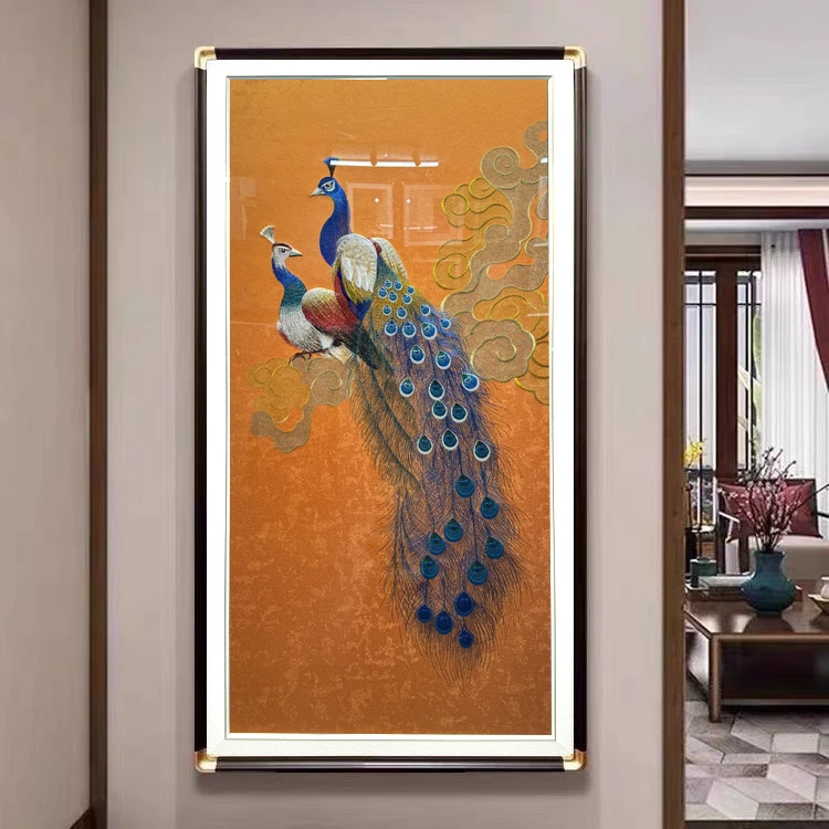 织锦刺绣玄关画孔雀富贵入户走廊装饰画苏绣高端成品框画过道挂画
