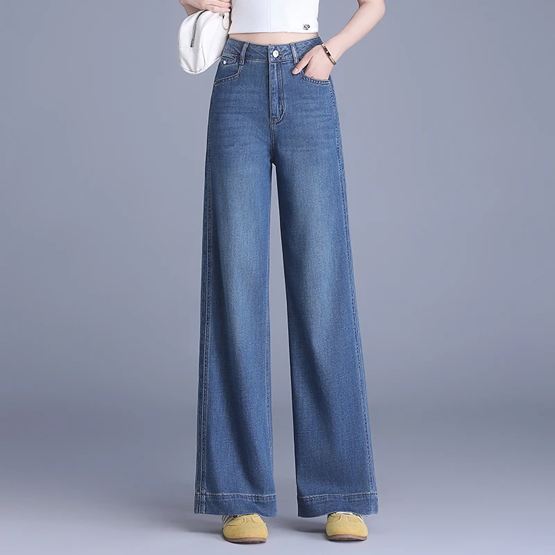 蓝色天丝阔腿牛仔裤女士夏季2025新款薄款高腰显瘦宽松九分直筒裤