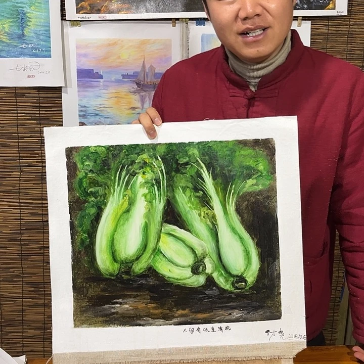 油画行路人小院绘画作品