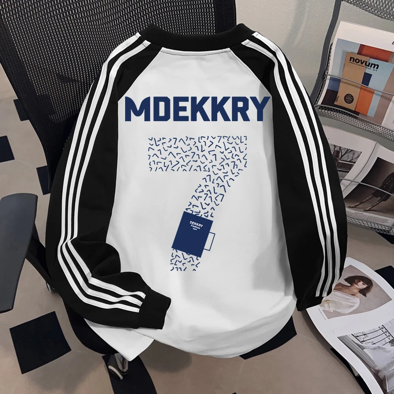 Dekkry潮流创意数字字母印花秋冬插肩三条杠纯棉长袖t恤男女上衣