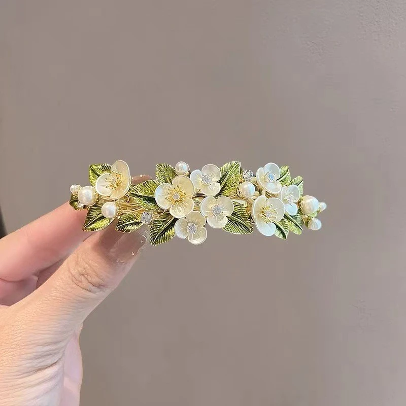 春季新款珍珠贝壳花朵女顶夹新款发饰中号水钻弹簧夹马尾夹盘发