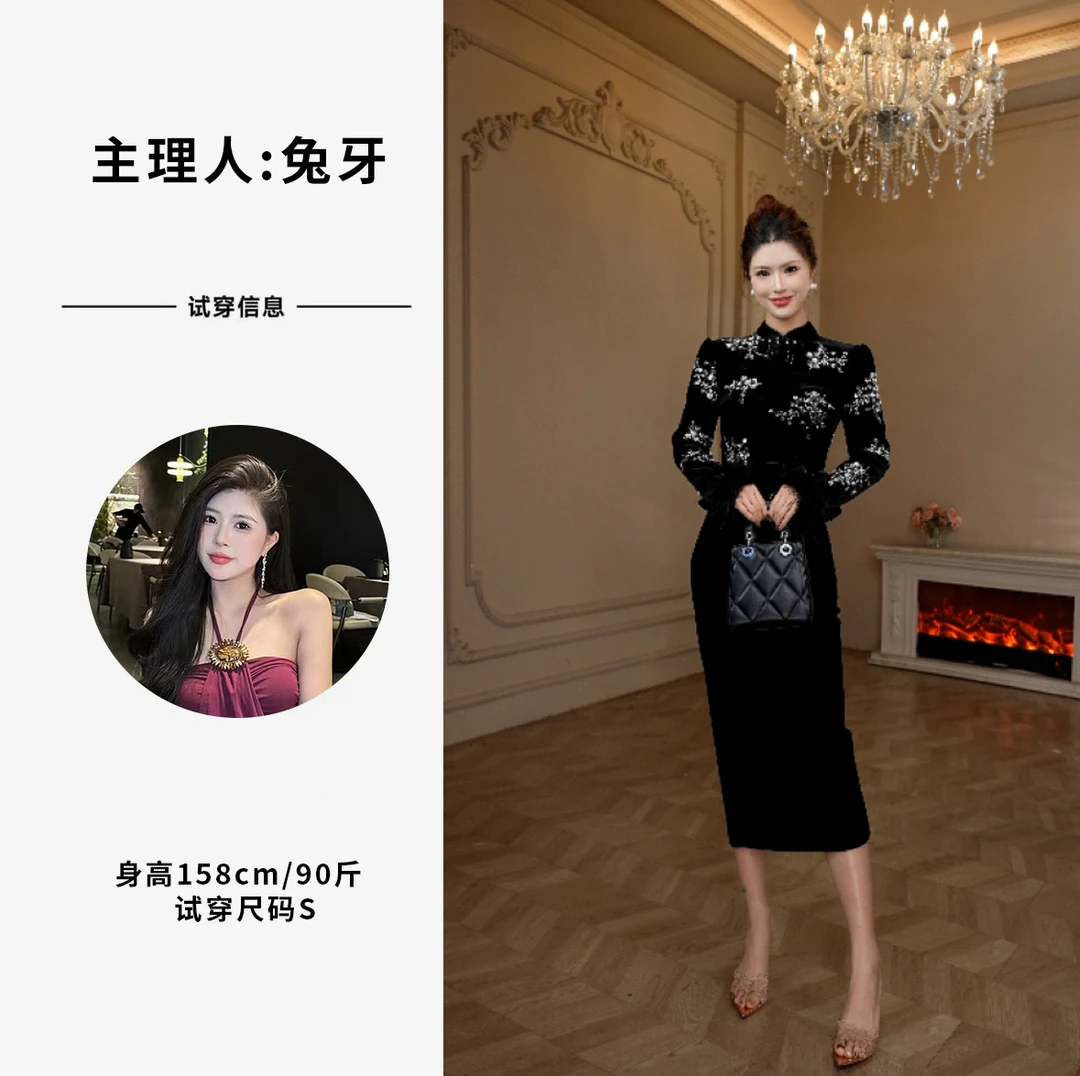 【十七原创】黑色·新中式秋冬收腰显瘦气质蕾丝名媛裙子65585