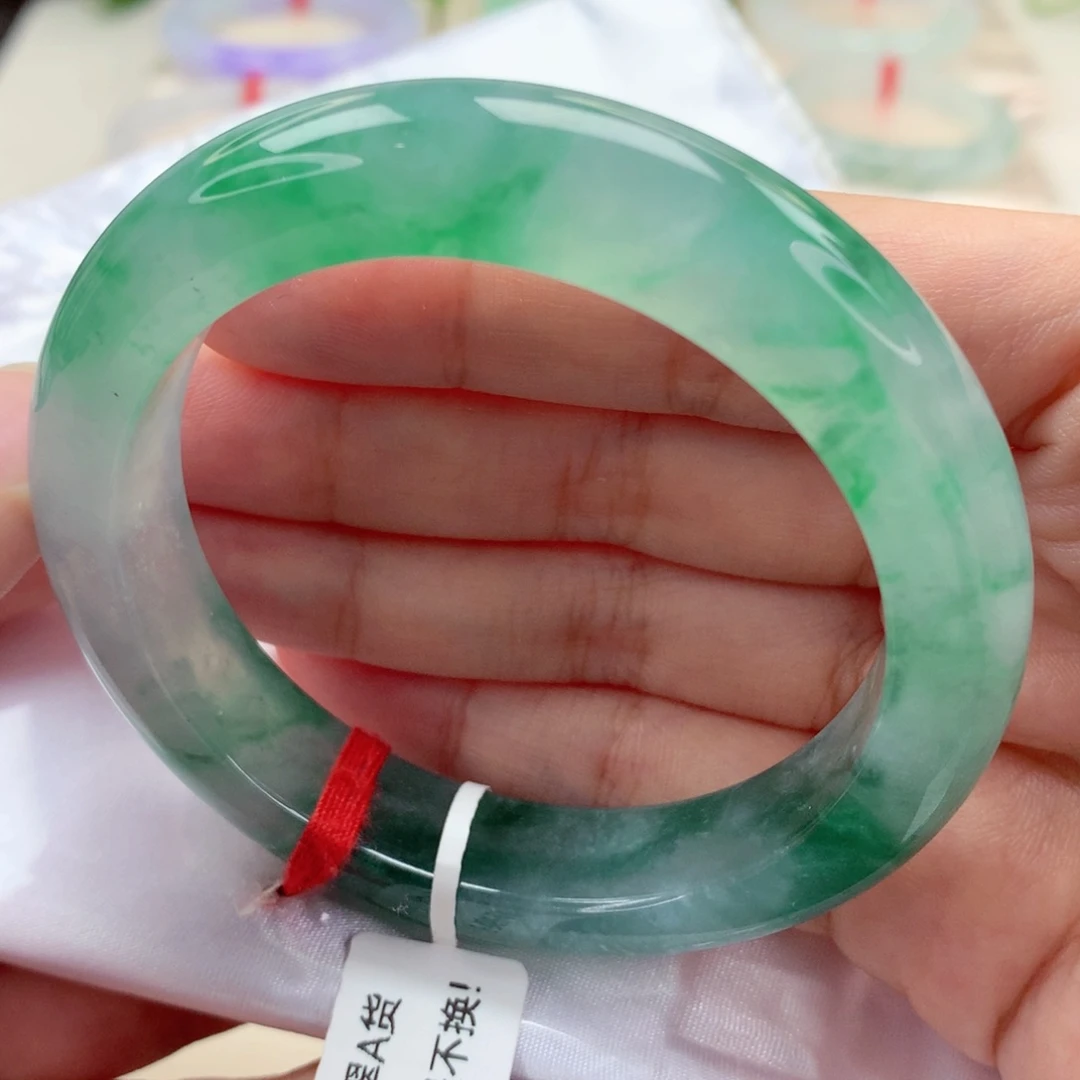 未镶嵌手镯翡翠55.3冰飘色花 一镯两带 贵气 喵喵