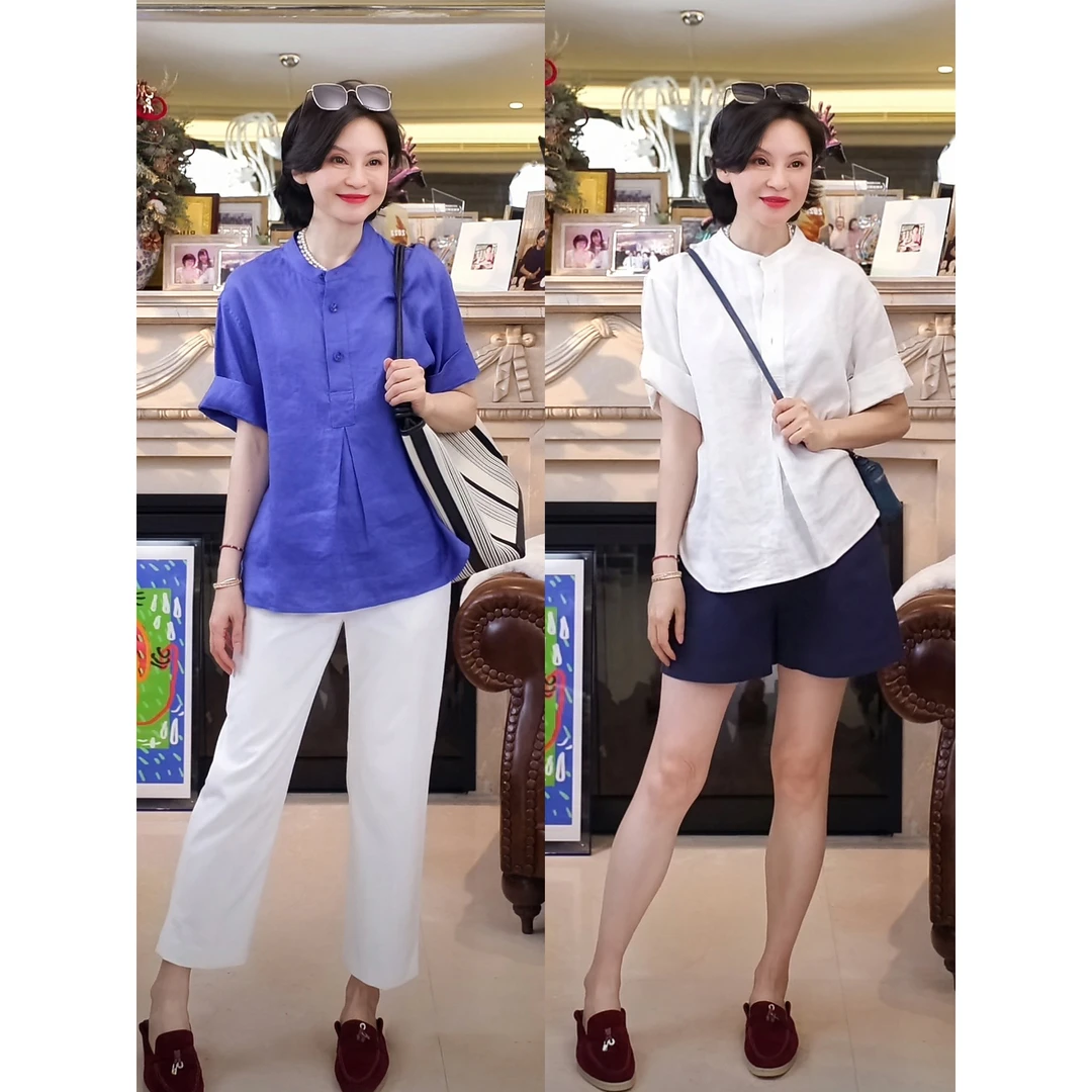 RuienCo.克莱因麻 100亚麻小立领短袖宽松夏季透气衬衫上衣