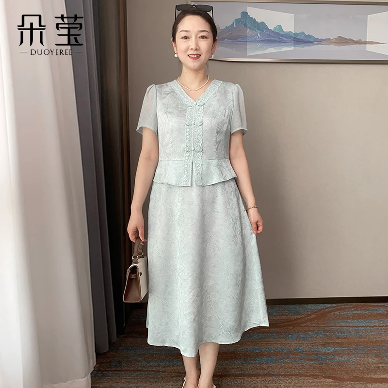 朵莹妈妈装洋气假两件连衣裙2025夏季新款中年女短袖显瘦长裙子