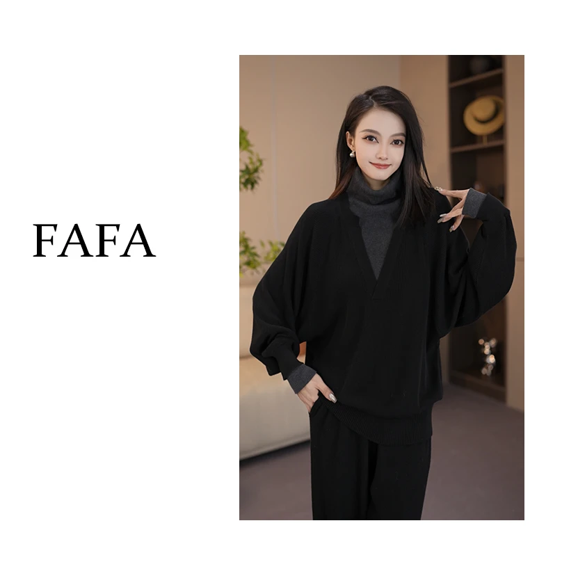 FAFA【双重格调】秋冬新款时尚百搭遮肉显瘦高领假两件针织衫