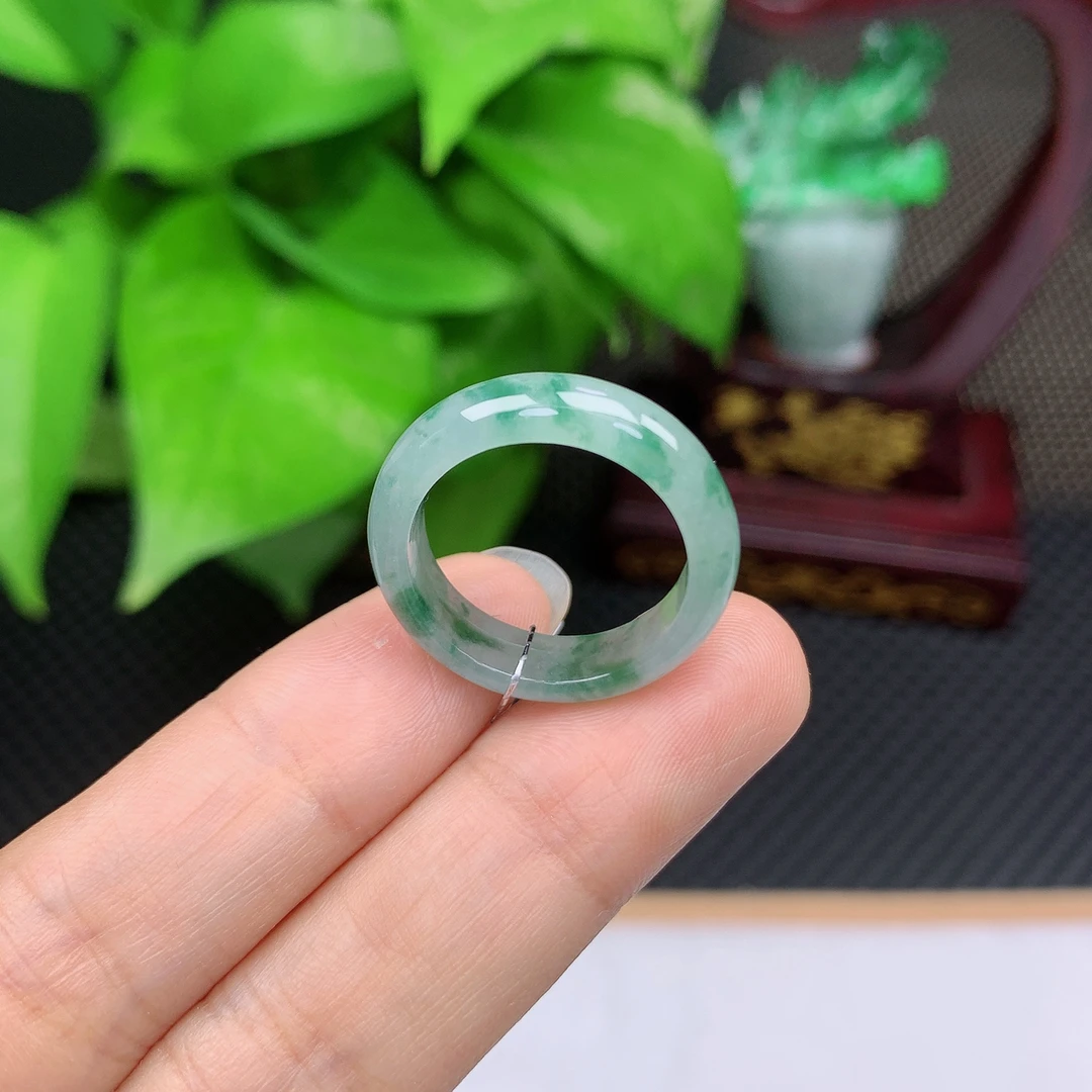 天然缅甸翡翠A货冰飘花戒指玉石戒圈17圈内径18mm3.32g