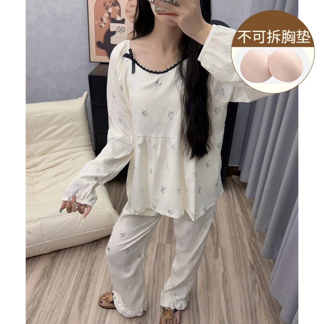 公主风睡衣女春秋季长袖带胸垫一体式可外穿少女新款家居服套装