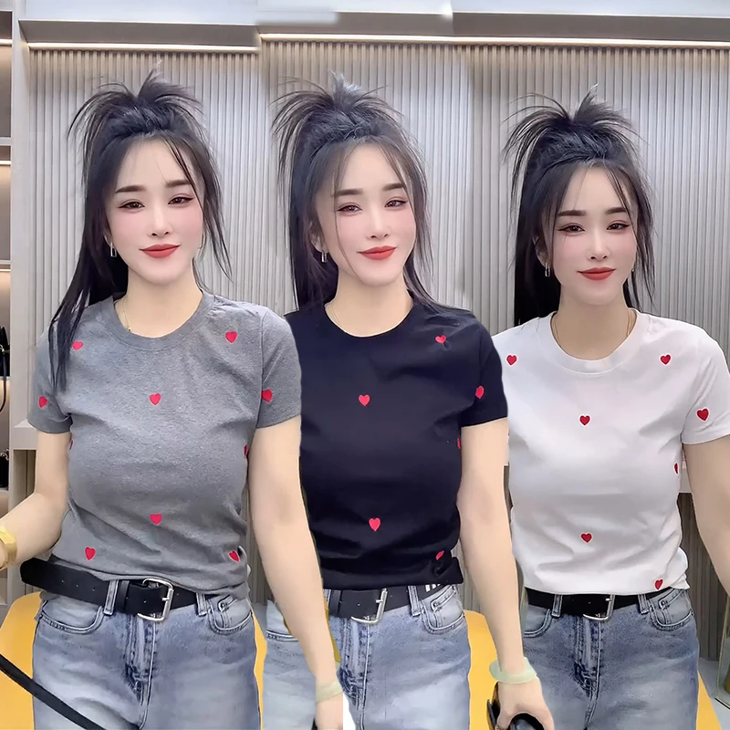 2025春季新款欧洲站爱心刺绣短袖t恤女时尚洋气百搭圆领套头上衣