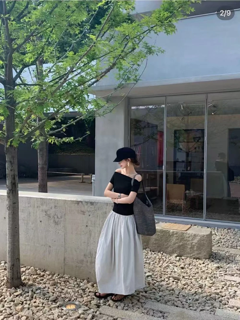 韩系温柔气质撞色一字肩连衣裙6680 裙长120