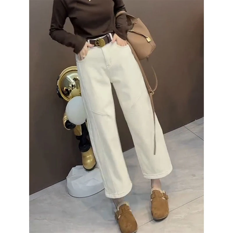 加绒加厚直筒法棍裤女2025秋冬新款小个子高腰显瘦宽松遮胯牛仔裤