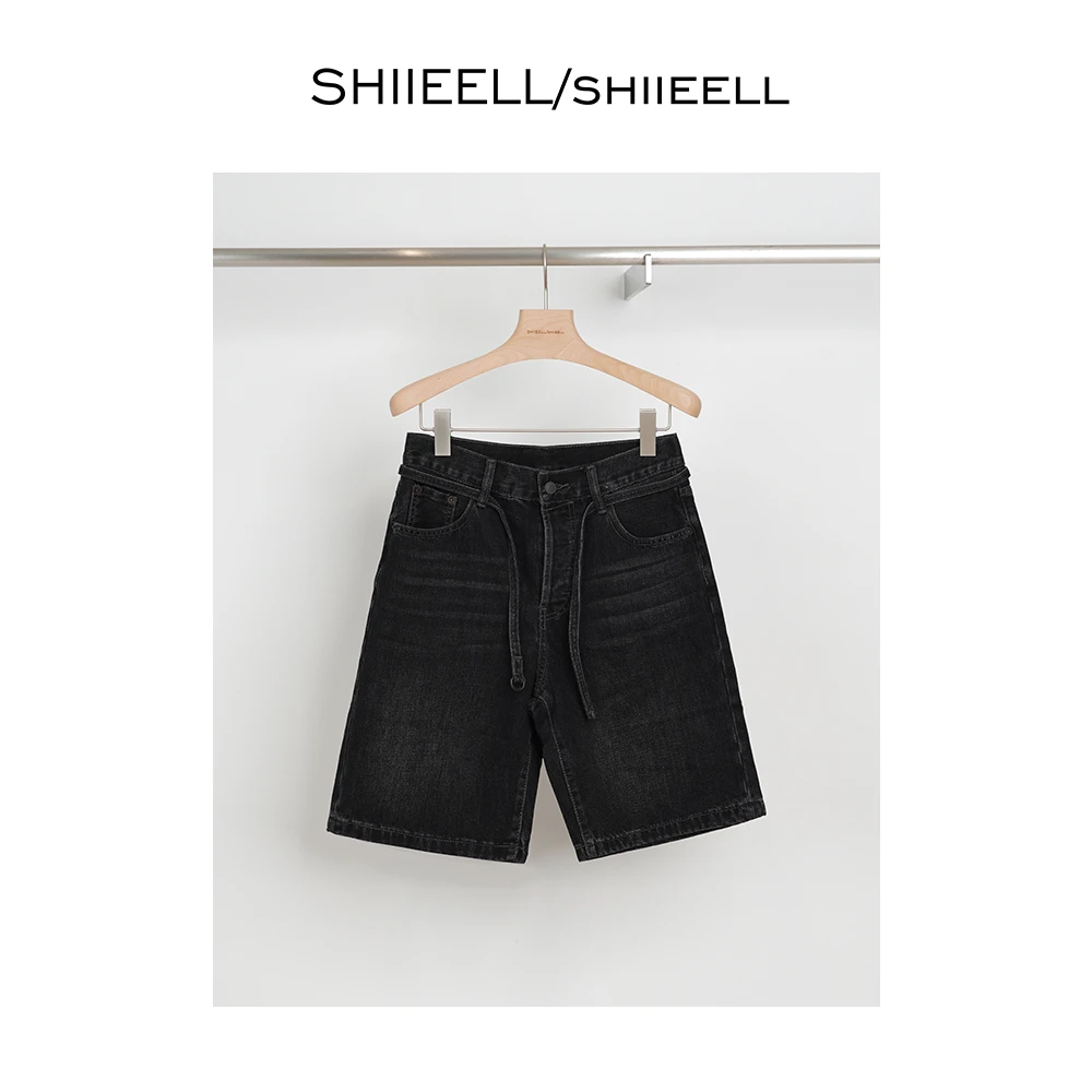 SHIIEELL设计款抽绳腰头黑色牛仔短裤W4006