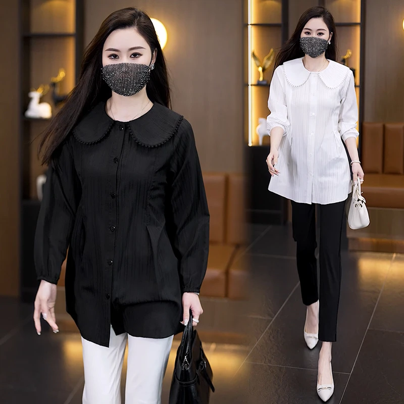 娃娃领中长款春季长袖大码衬衫宽松型单排多扣薄款拼接衬衣女装