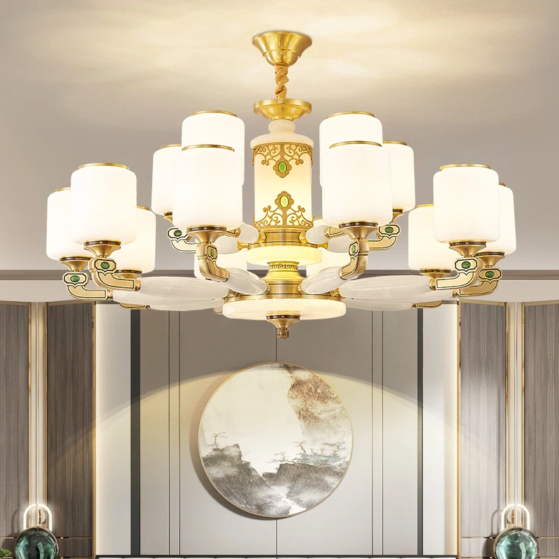 全铜玉石新中式吊灯轻奢大气客厅餐厅卧室别墅复式楼灯