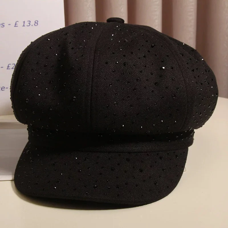 【新疆包邮】E304韩版重工水钻八角帽子女时尚百搭显脸小黑色鸭舌帽