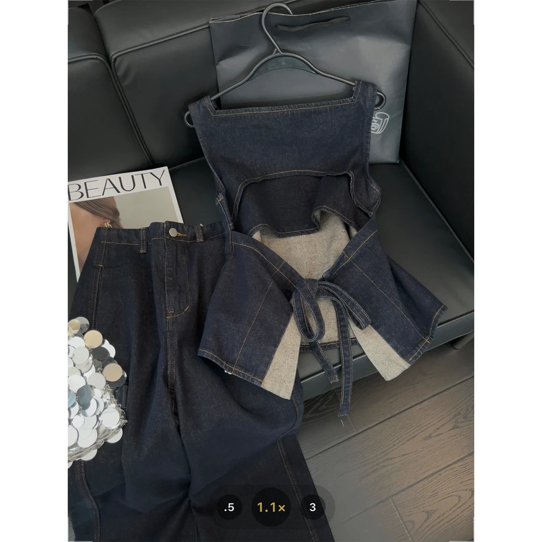 复古原色牛仔套装女方领绑带后背镂空设计感背心高腰阔腿裤两件套