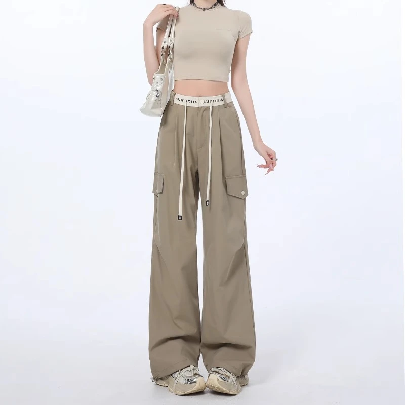 美式卡其速干工装阔腿裤女2025春秋新款小个子抽绳设计直筒休闲裤