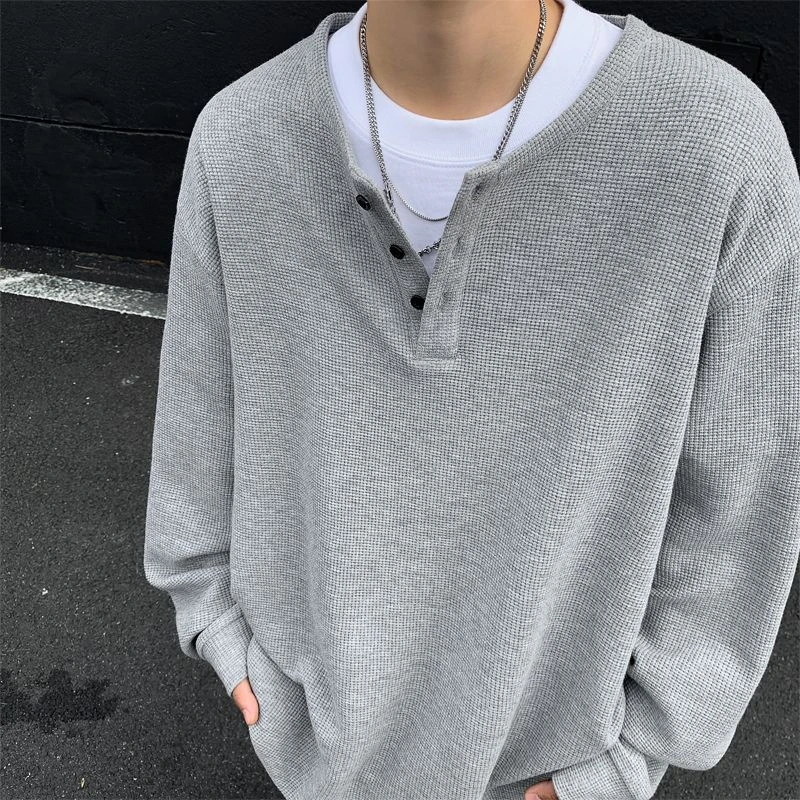 【沉思】2025秋季百搭亨利领T恤休闲运动华夫格Polo衫T恤衫上衣长袖