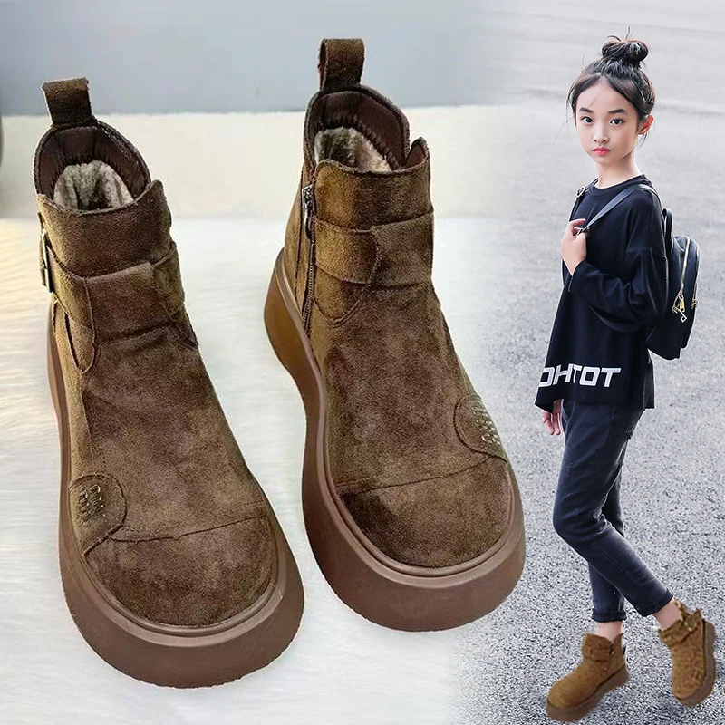 女童靴子2025冬季新款加绒儿童勃肯短靴6-12岁百搭马丁靴大童棉鞋