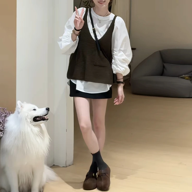 法式休闲时尚套装女2025年春秋新款针织马甲长袖衬衫半身裙三件套