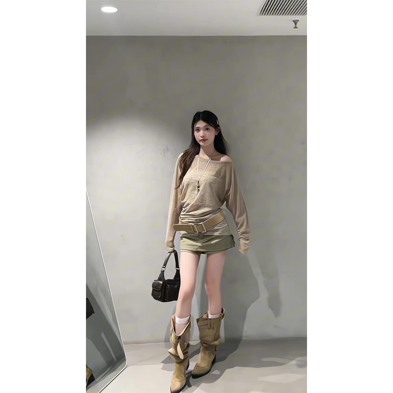 美式废土风斜肩长袖T恤气质宽松上衣高腰半身裙a字包臀短裙子夏季