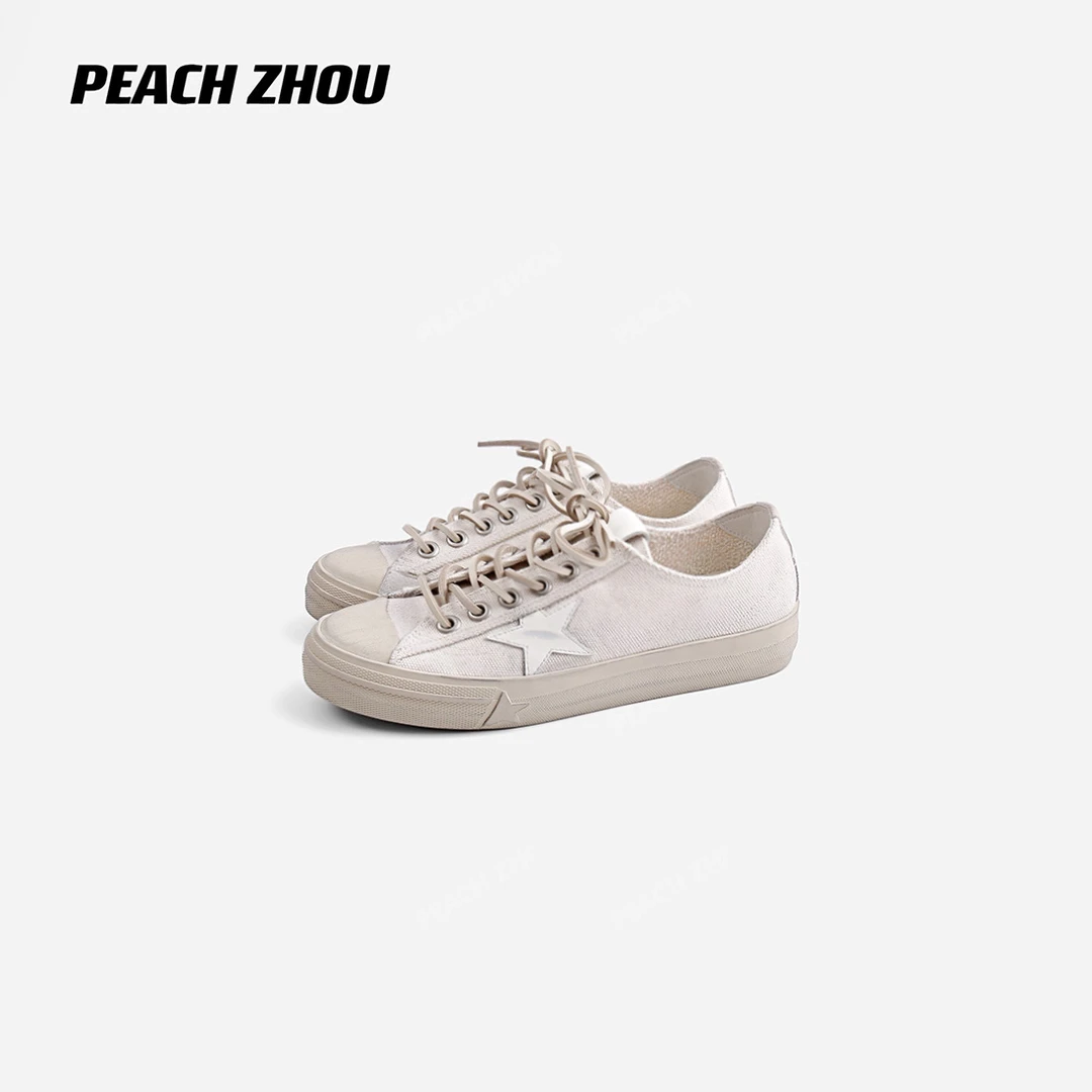 『PEACHZHOU』帆布头层牛皮做旧星星系带小脏鞋复古休闲低帮女鞋