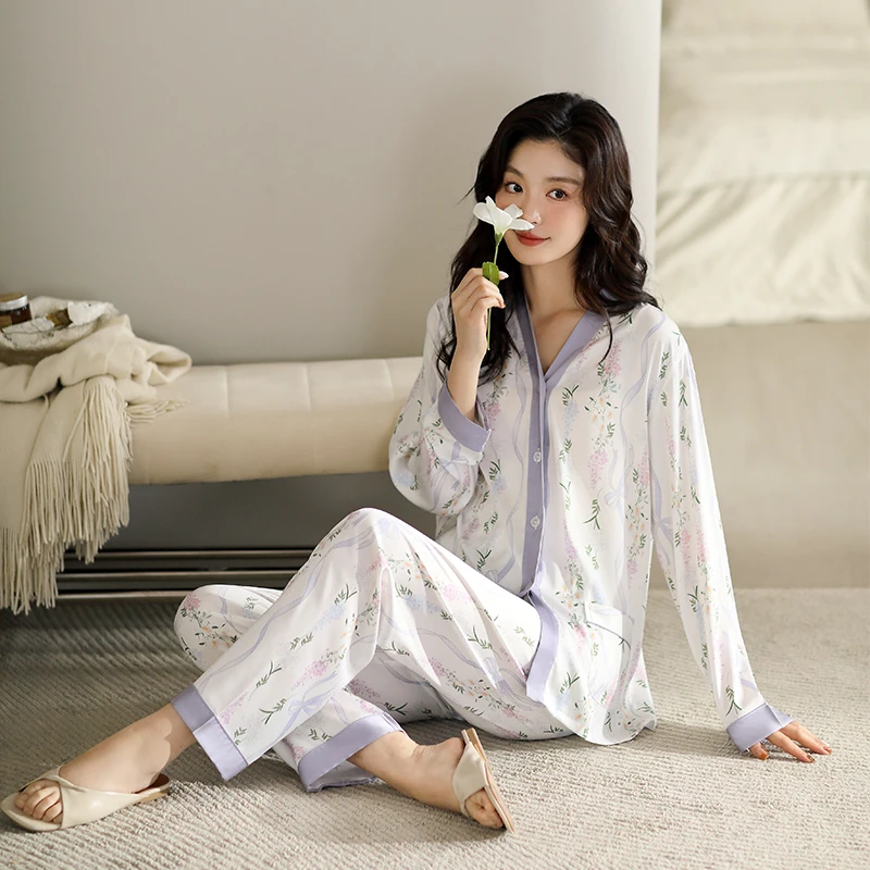高级感冰丝睡衣女士2025年新款春秋款V领薄款长袖夏季家居服套装