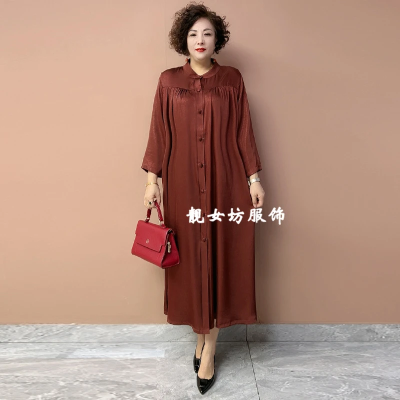 大码阔版开衫连衣裙夏季新款胖妈妈中长裙时尚洋气遮肚显瘦风衣裙