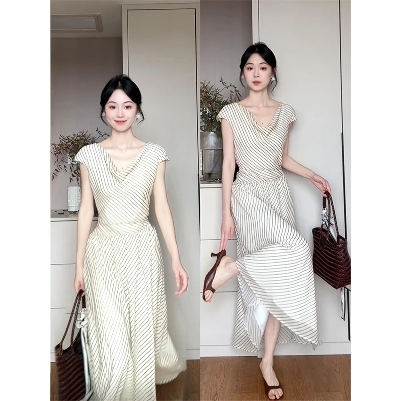 MARIE.COCO荡领条纹系带短袖连衣裙女夏季新款小个子显瘦气质长裙