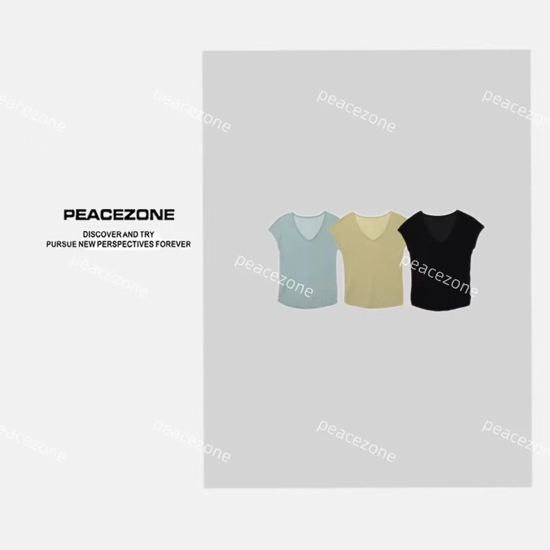 Peacezone 亚麻+莱赛尔混纺 新款V领清凉透气针织T恤