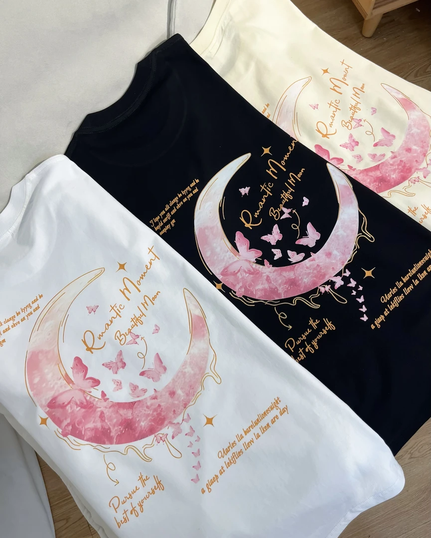 夏季纯棉月亮短袖t恤女2025新款爆款正肩设计感美式半袖宽松上衣