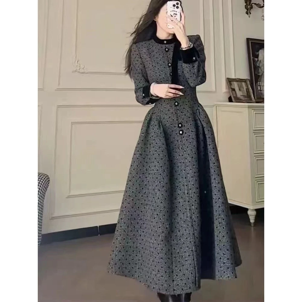 丁满满推荐赫本风收腰毛呢长裙9729