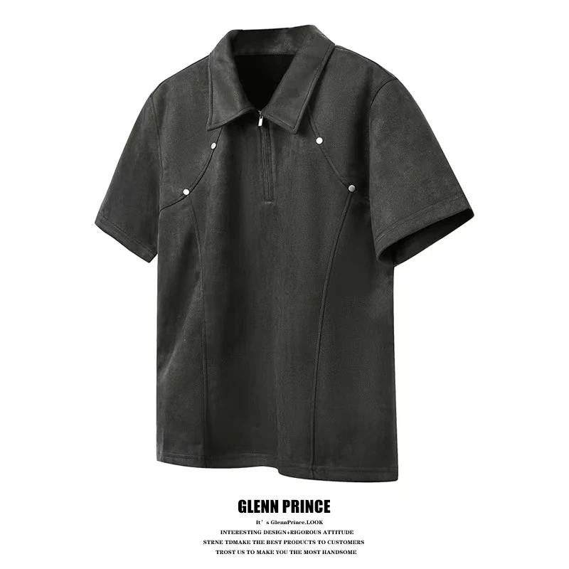 高街嘻哈柳钉拼接仿麂皮绒短袖polo衫男夏季设计感小众t恤-5999