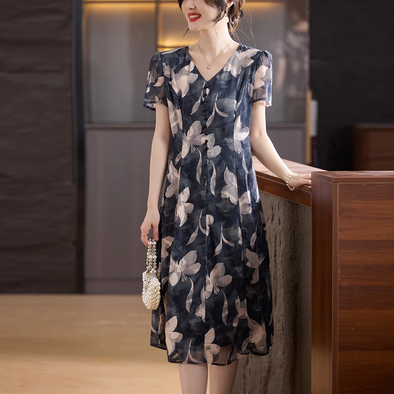 罗蒙中年妈妈装夏季碎花连衣裙女洋气40岁60中老年小个子气质裙子