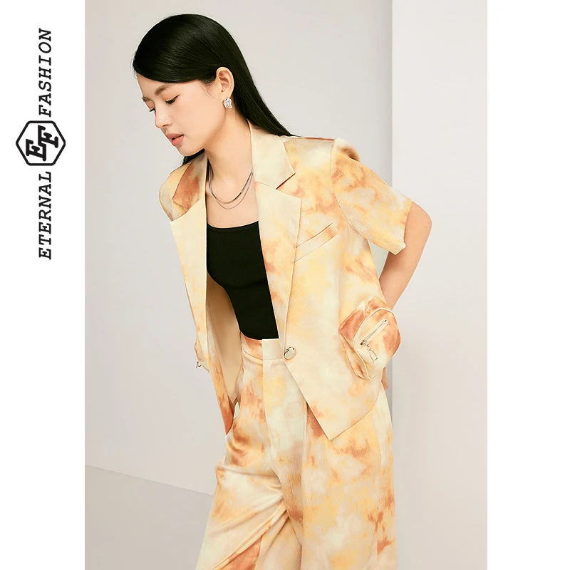 EF经典复古套装2025春夏印染短外套高腰直筒裤两件套E1242T0007-A