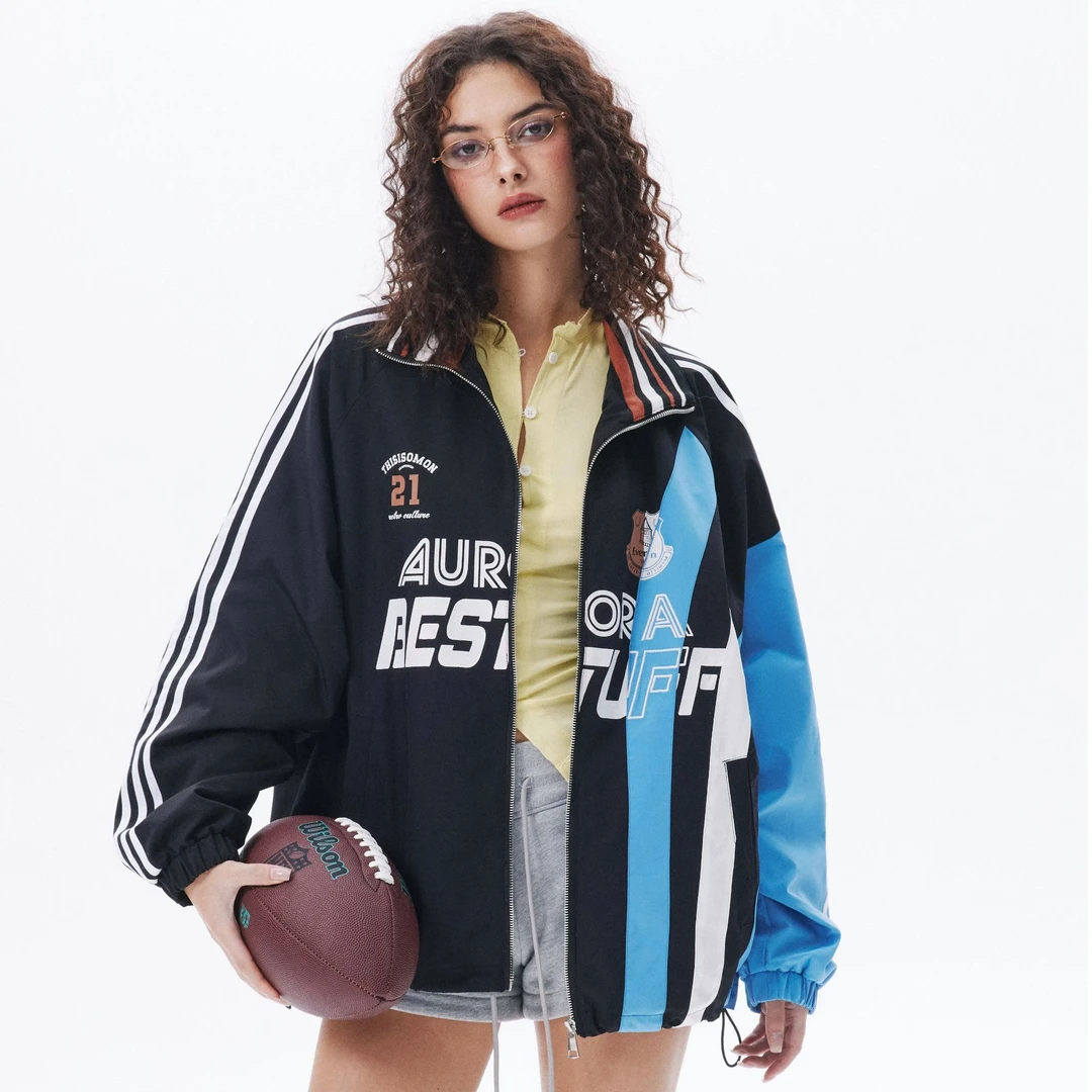 PANGB字母显瘦拉链立领运动风印花夹克学院拼色春秋拼接连帽男士