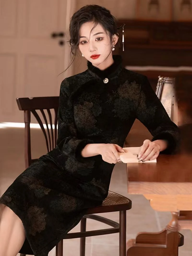 1630 黑色 大花 A版 加绒 冬款 旗袍