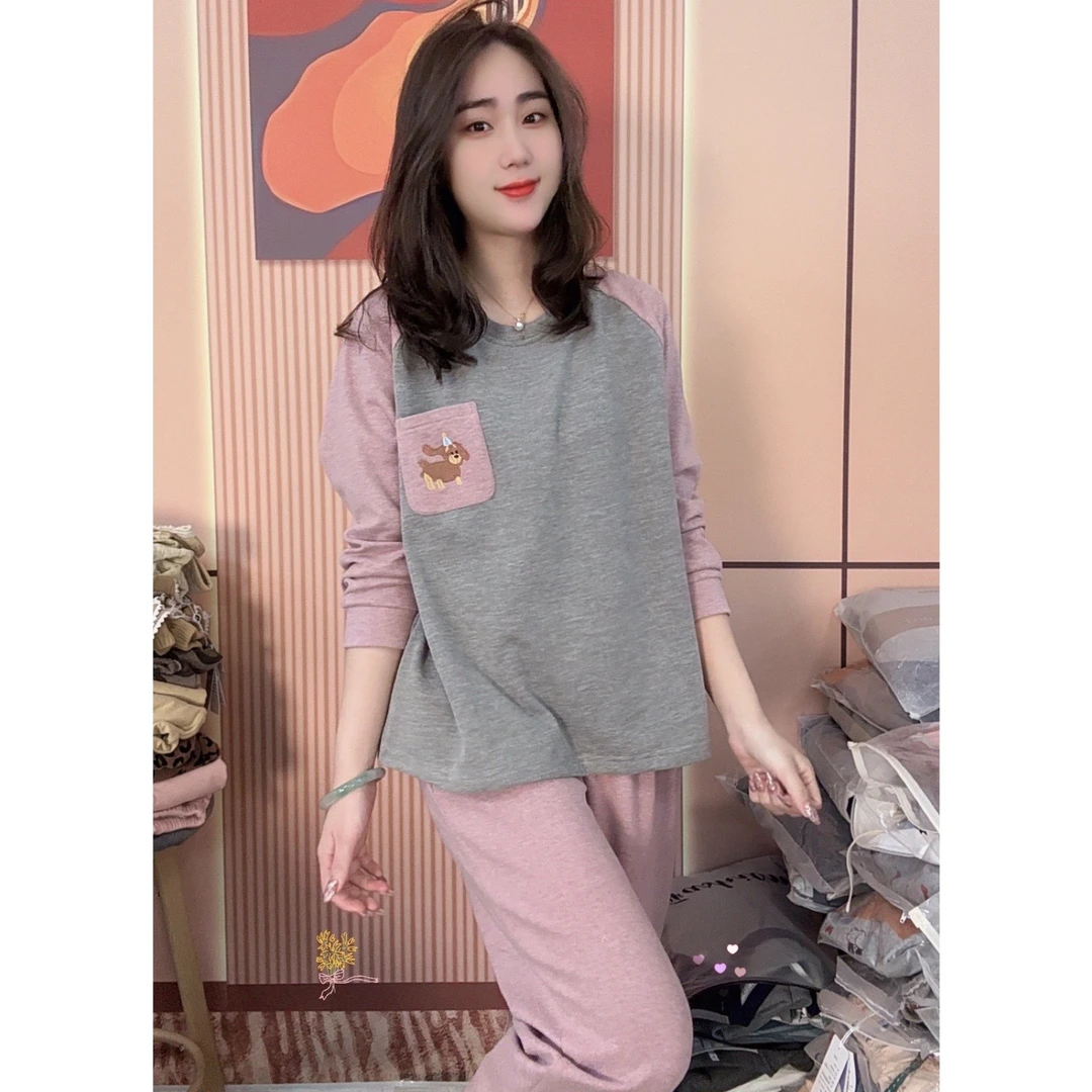 睡衣女冬季新款羊绒保暖舒适圆领休闲可外穿家居服套装（藕粉拼接）