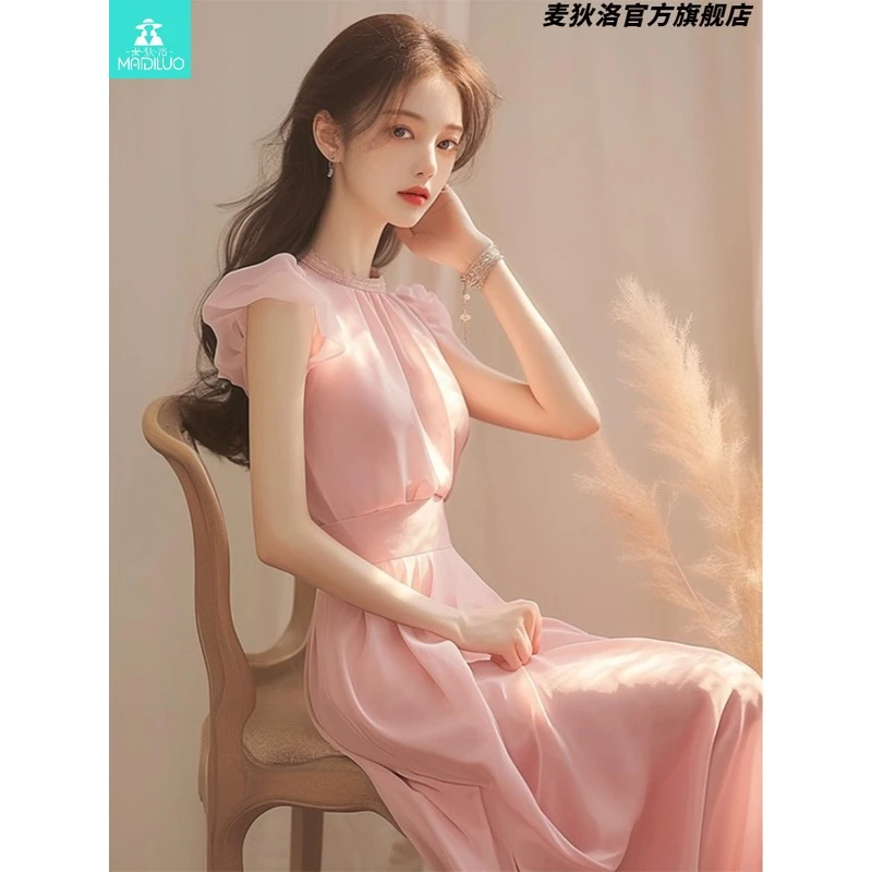 【限量款】法式小香风收腰别致绝美仙气超好看粉色雪纺连衣裙女夏季