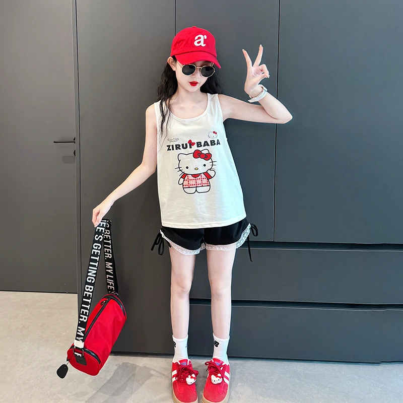 女孩夏天套装2025新款女童夏季洋气KT猫背心儿童薄款蕾丝花边短裤