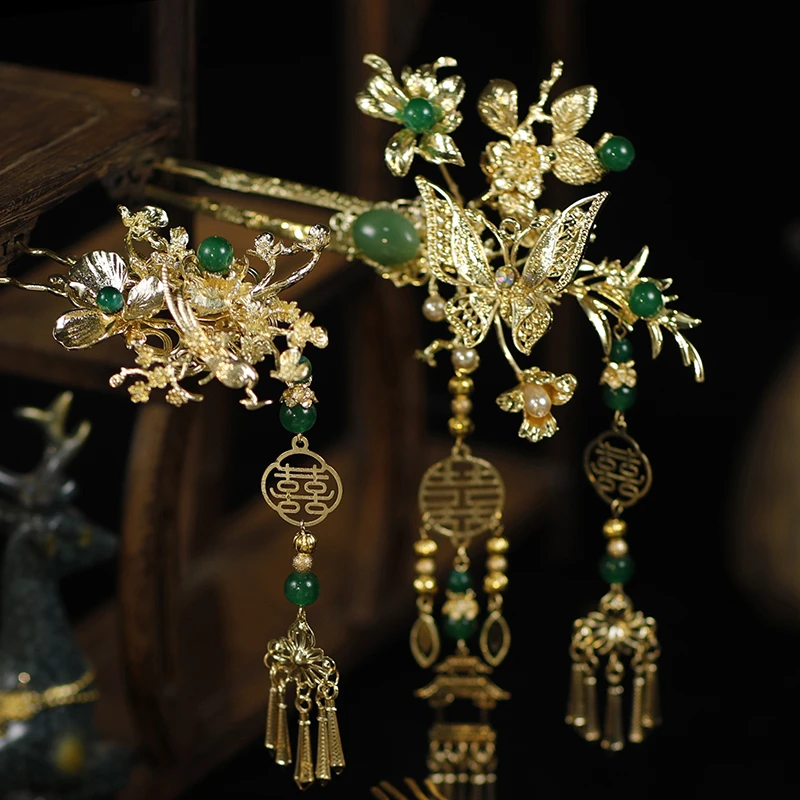 GZ169秀禾头饰2025新款新中式新娘结婚秀禾服龙凤褂配饰金绿高级