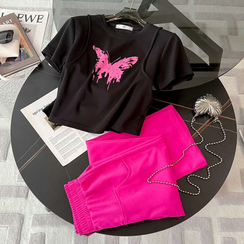 网红炸街短袖休闲运动套装女装2025新款爆款洋气t恤阔腿裤两件套